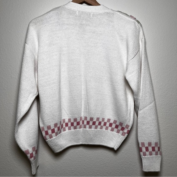 VTG 80s Women Coquette Grannycore‎ Sweater Cardigan Medium White Pink Floral - Picture 7 of 11